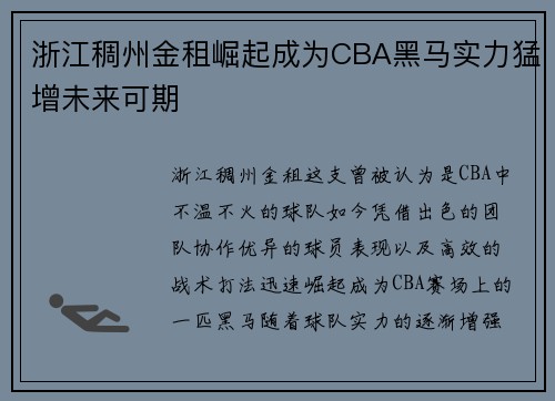 浙江稠州金租崛起成为CBA黑马实力猛增未来可期