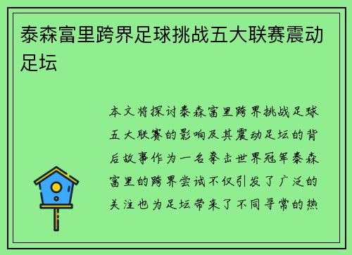 泰森富里跨界足球挑战五大联赛震动足坛