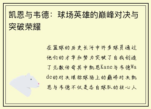 凯恩与韦德:球场英雄的巅峰对决与突破荣耀 凯恩与韦德:球场英雄的巅峰对决与突破荣耀